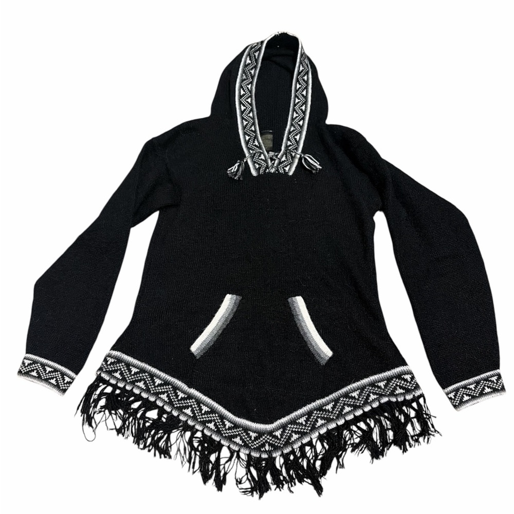Andes Hoodie Black Hooded Fringe Sweater 100% Alpaca Wool, Size Large